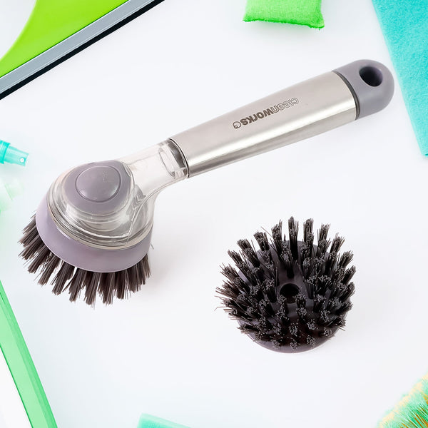 Cleaning Brushes Set, Scrub Brush Bathroom Brush, Long Handle Liquid Dispenser Pot Washing Brush